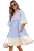 Striped Patchwork Ric Rac Puff Sleeve Collared Mini Dress