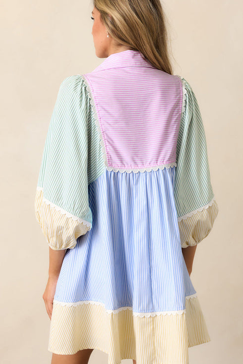 Striped Patchwork Ric Rac Puff Sleeve Collared Mini Dress