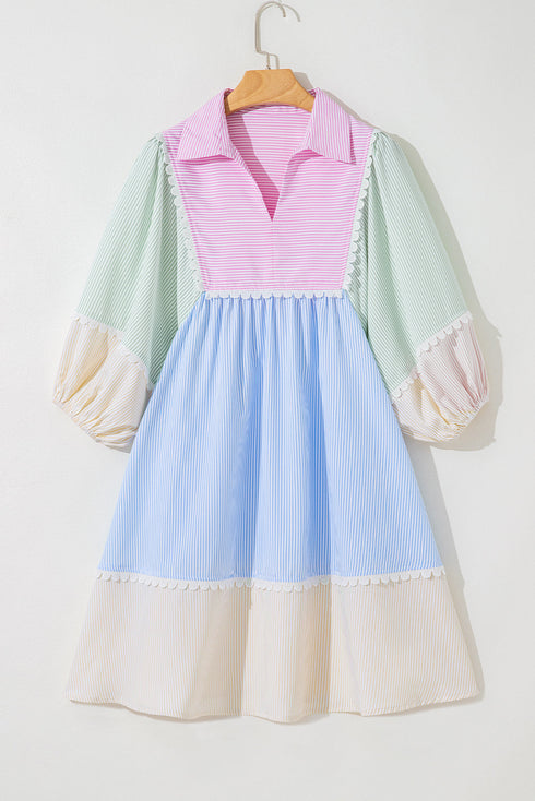 Striped Patchwork Ric Rac Puff Sleeve Collared Mini Dress