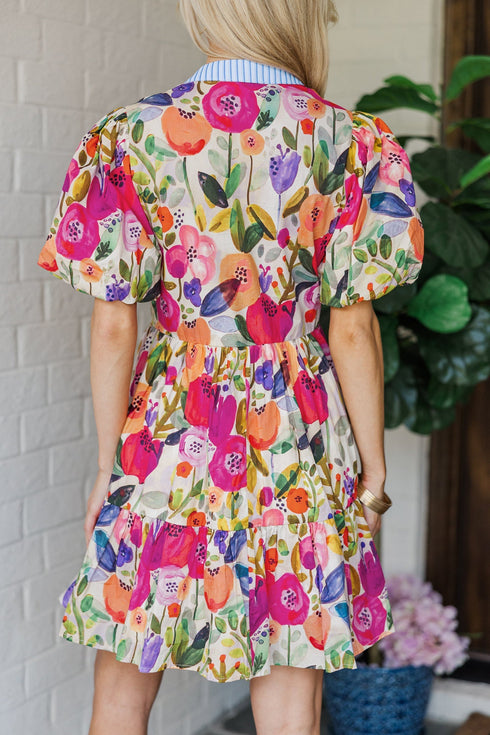 Striped Patchwork Ricrac Puff Sleeve A Line Floral Dress