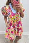Striped Patchwork Ricrac Puff Sleeve A Line Floral Dress