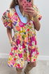 Striped Patchwork Ricrac Puff Sleeve A Line Floral Dress