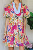 Striped Patchwork Ricrac Puff Sleeve A Line Floral Dress