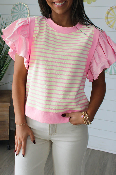 Striped Patchwork Ruffled Short Sleeve Blouse