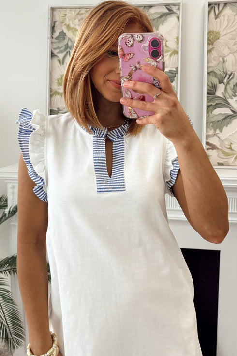 Striped Patchwork Split Neck Ruffle Trim Sleeveless Mini Dress