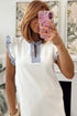 Striped Patchwork Split Neck Ruffle Trim Sleeveless Mini Dress