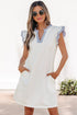 Striped Patchwork Split Neck Ruffle Trim Sleeveless Mini Dress