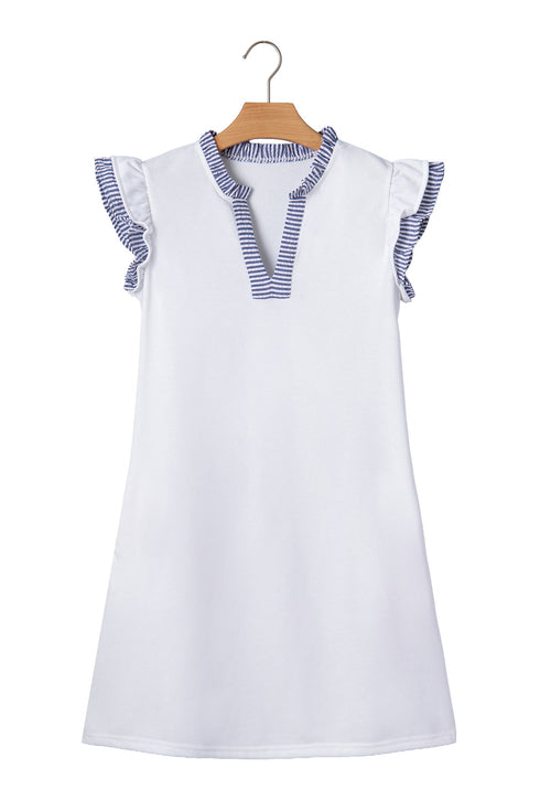 Striped Patchwork Split Neck Ruffle Trim Sleeveless Mini Dress