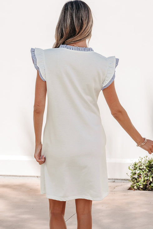 Striped Patchwork Split Neck Ruffle Trim Sleeveless Mini Dress