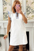Striped Patchwork Split Neck Ruffle Trim Sleeveless Mini Dress
