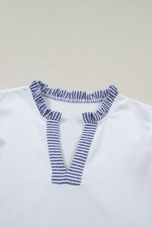 Striped Patchwork Split Neck Ruffle Trim Sleeveless Mini Dress