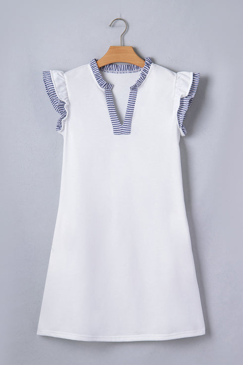 Striped Patchwork Split Neck Ruffle Trim Sleeveless Mini Dress