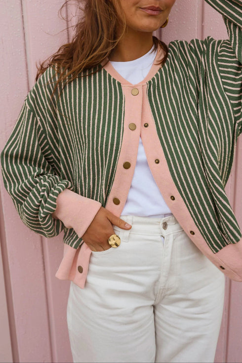 Striped Patchwork V Neck Long Sleeve Cardigan