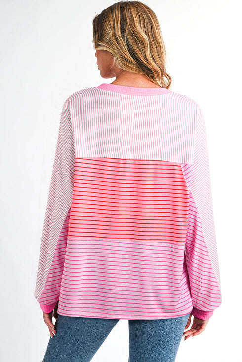 Striped Patchwork Waffle Knit Exposed Seam Long Sleeve Top