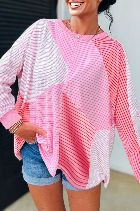 Striped Patchwork Waffle Knit Exposed Seam Long Sleeve Top