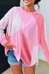 Striped Patchwork Waffle Knit Exposed Seam Long Sleeve Top