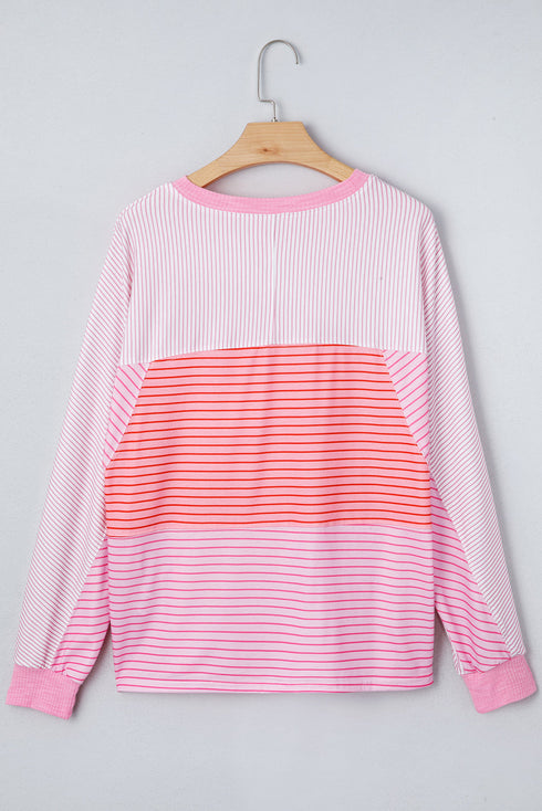 Striped Patchwork Waffle Knit Exposed Seam Long Sleeve Top