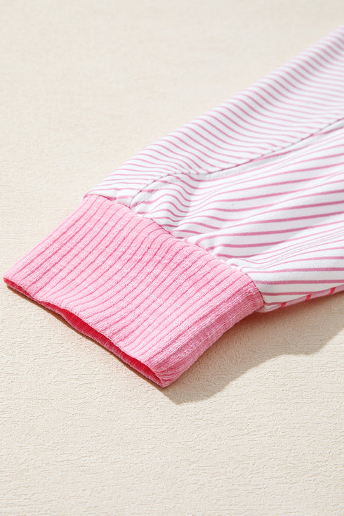 Striped Patchwork Waffle Knit Exposed Seam Long Sleeve Top