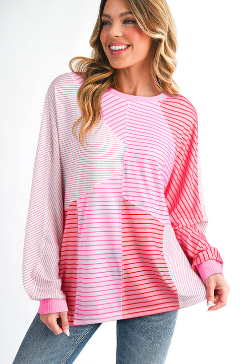 Striped Patchwork Waffle Knit Exposed Seam Long Sleeve Top