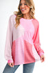 Striped Patchwork Waffle Knit Exposed Seam Long Sleeve Top