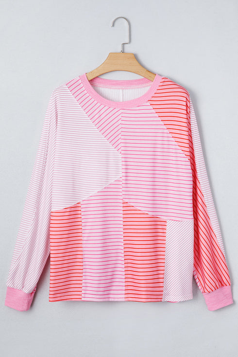 Striped Patchwork Waffle Knit Exposed Seam Long Sleeve Top