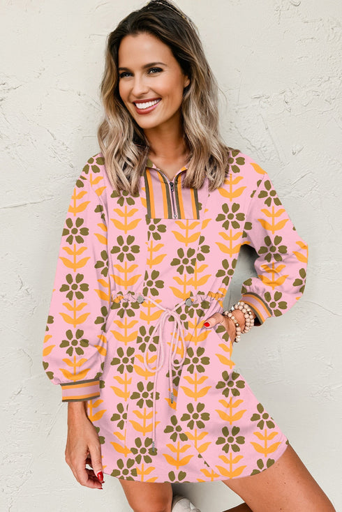 Striped Patchwork Zip Neck Long Sleeve Drawstring Floral Dress