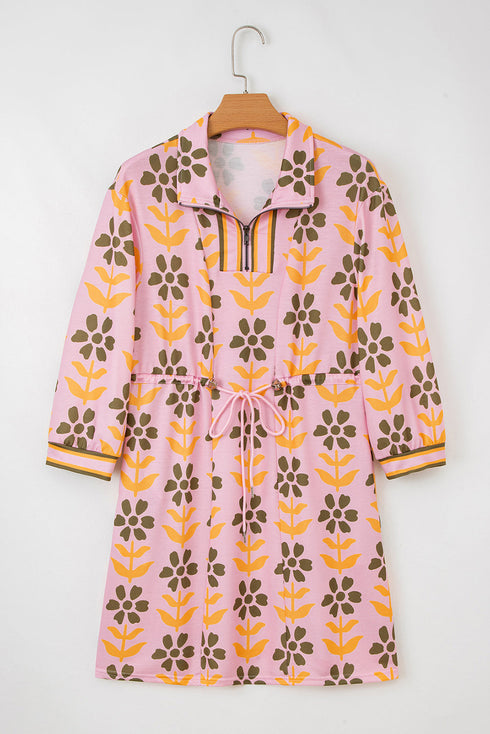 Striped Patchwork Zip Neck Long Sleeve Drawstring Floral Dress