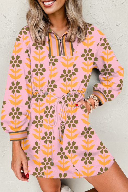 Striped Patchwork Zip Neck Long Sleeve Drawstring Floral Dress