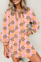 Striped Patchwork Zip Neck Long Sleeve Drawstring Floral Dress