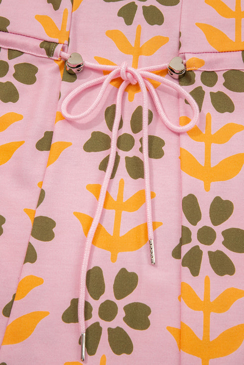 Striped Patchwork Zip Neck Long Sleeve Drawstring Floral Dress