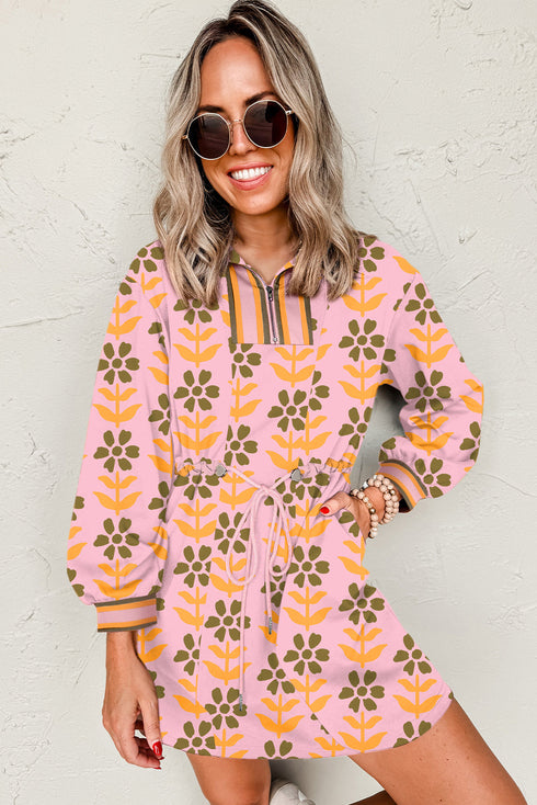 Striped Patchwork Zip Neck Long Sleeve Drawstring Floral Dress