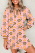 Striped Patchwork Zip Neck Long Sleeve Drawstring Floral Dress