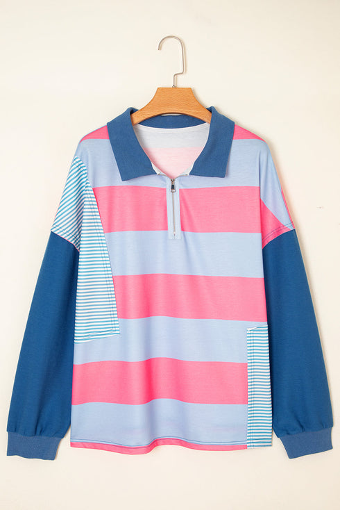 Striped Patchwork Zip Up Pullover Sweatshirt