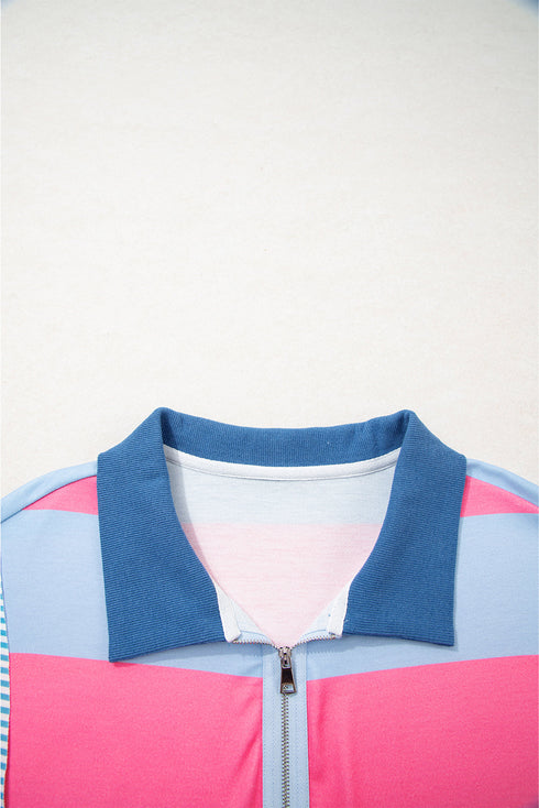 Striped Patchwork Zip Up Pullover Sweatshirt