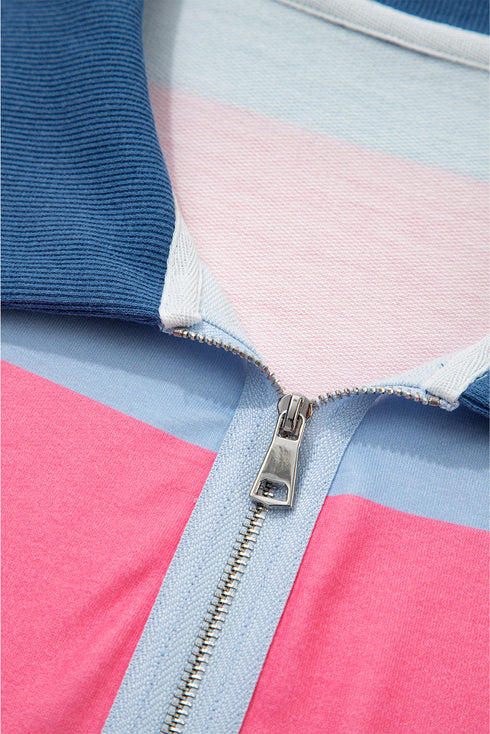 Striped Patchwork Zip Up Pullover Sweatshirt