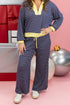 Striped Patchwork Zip V Neck Pullover Wide Leg Pants Set