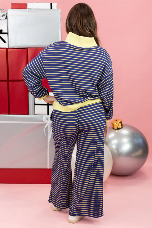 Striped Patchwork Zip V Neck Pullover Wide Leg Pants Set