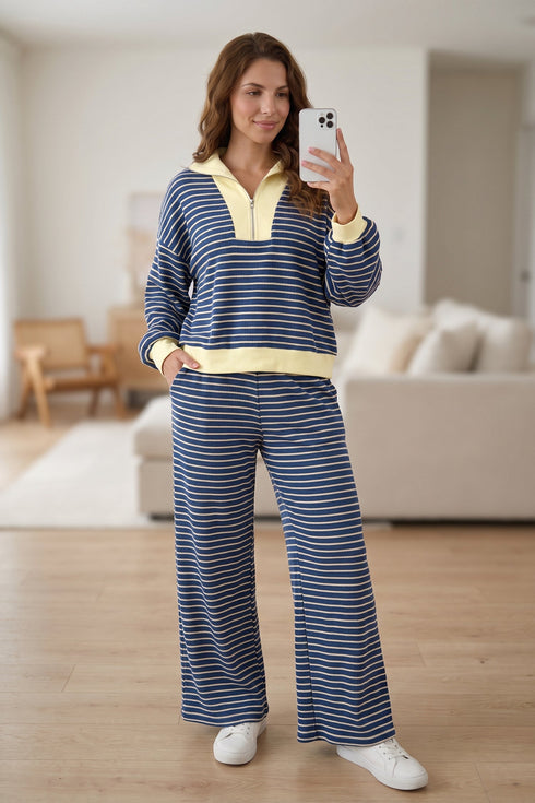 Striped Patchwork Zip V Neck Pullover Wide Leg Pants Set