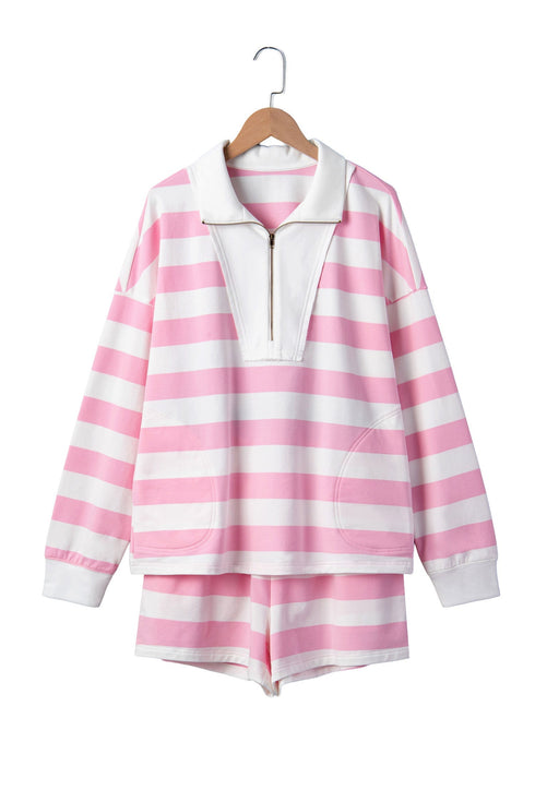 Striped Patchwork Zipper Pullover Elastic Waist Shorts Two Piece Short Set