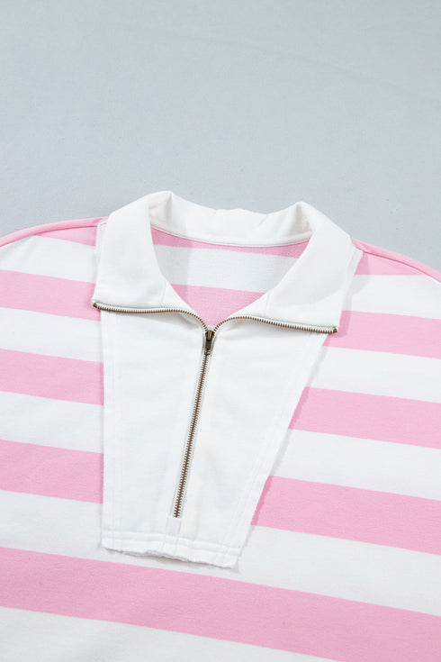 Striped Patchwork Zipper Pullover Elastic Waist Shorts Two Piece Short Set