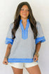 Striped Pattern Block V Neck Short Sleeve Blouse