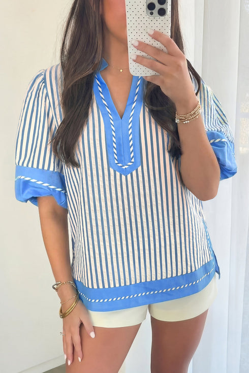 Striped Pattern Block V Neck Short Sleeve Blouse