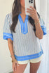 Striped Pattern Block V Neck Short Sleeve Blouse