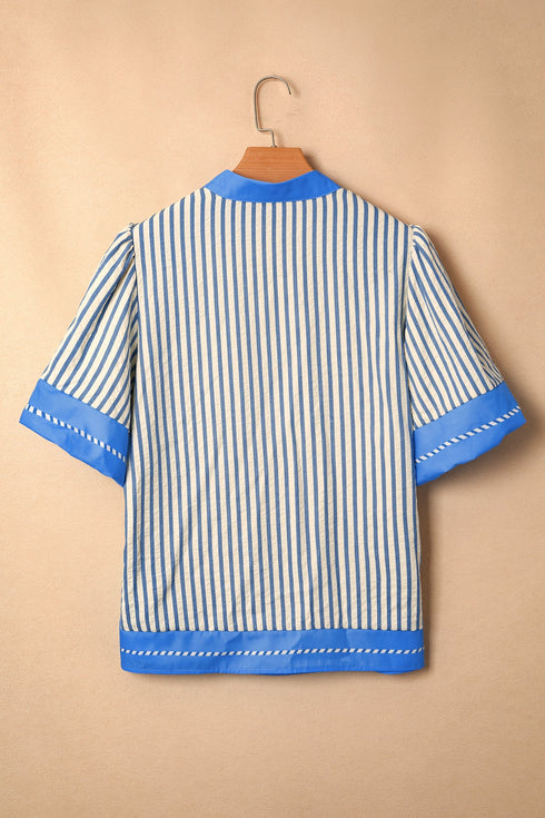 Striped Pattern Block V Neck Short Sleeve Blouse