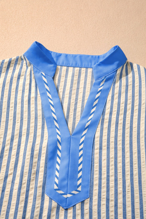 Striped Pattern Block V Neck Short Sleeve Blouse