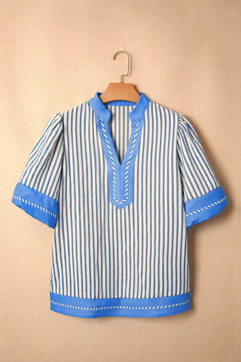 Striped Pattern Block V Neck Short Sleeve Blouse