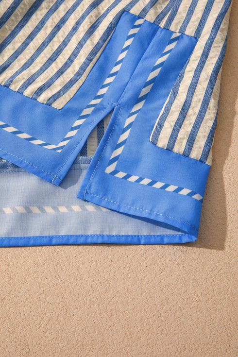 Striped Pattern Block V Neck Short Sleeve Blouse