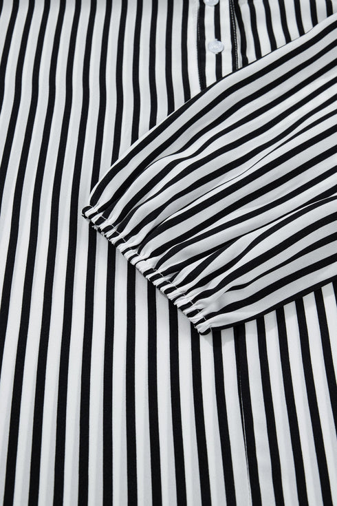Striped Pattern Half Sleeve Button Up Blouse