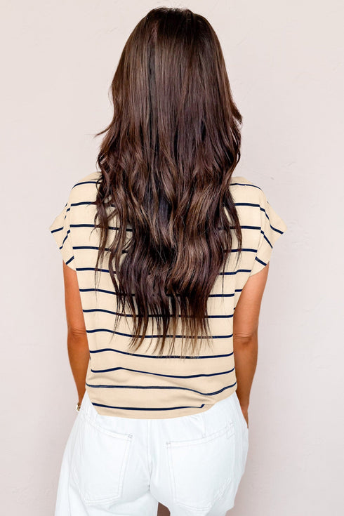 Striped Pattern Mock Neck Short Sleeve Loose Top