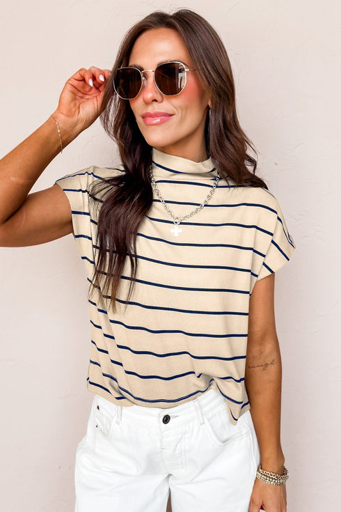 Striped Pattern Mock Neck Short Sleeve Loose Top